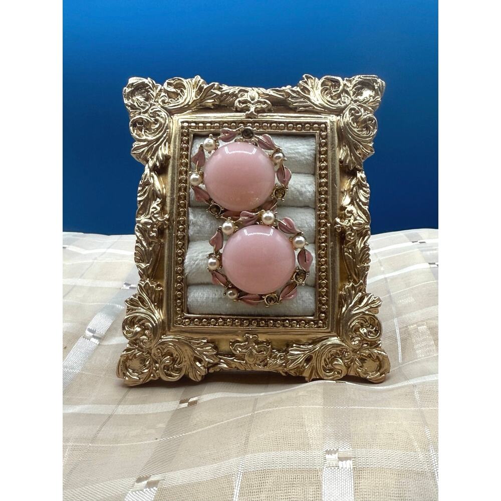 Vintage Coro Pink Moonglow Lucite & Pearl Enamel Leaf Clip-On Earrings